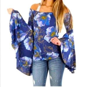 Free People Floral Bell Sleeve Off the Shoulder Top
